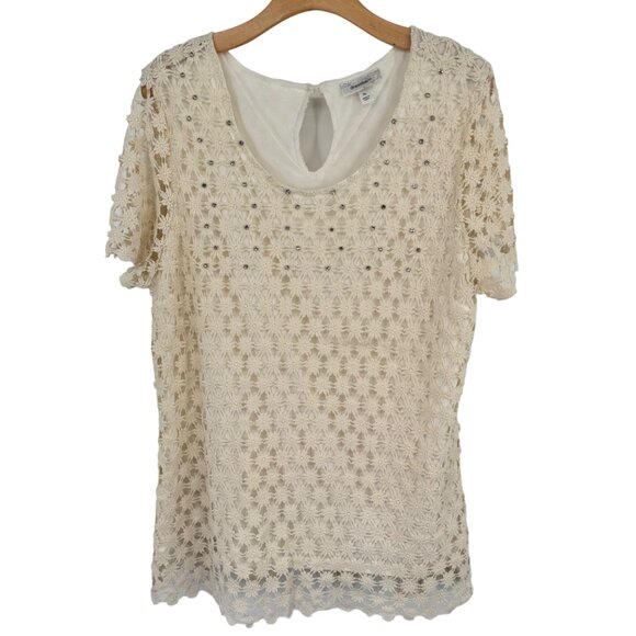 dressbarn Tops - Dressbarn Women's size XL ivory Floral Lace Top  Rhinestone short sleeve